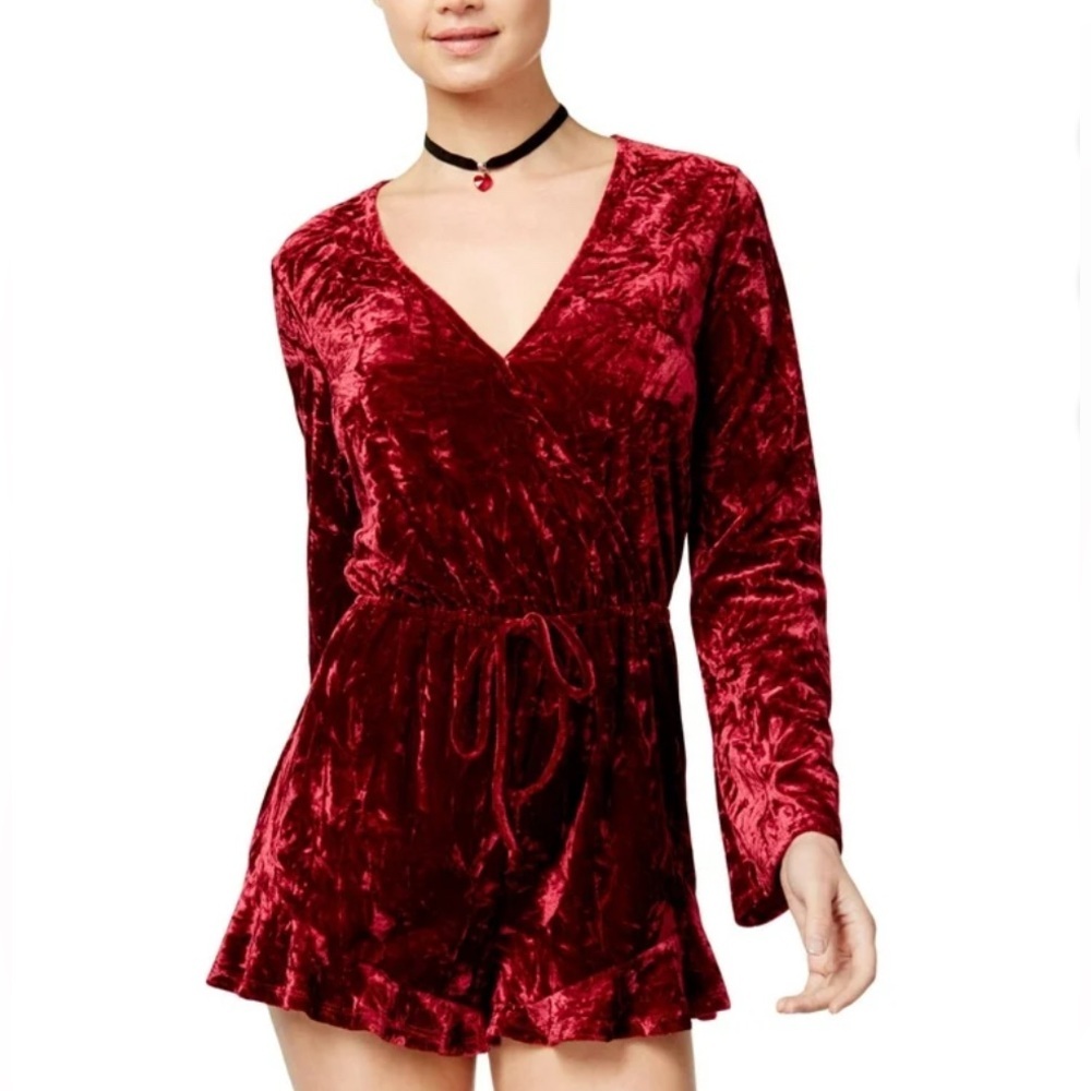 Be Bop Womens Crushed Red Velvet Surplice Romper Women's Size Medium